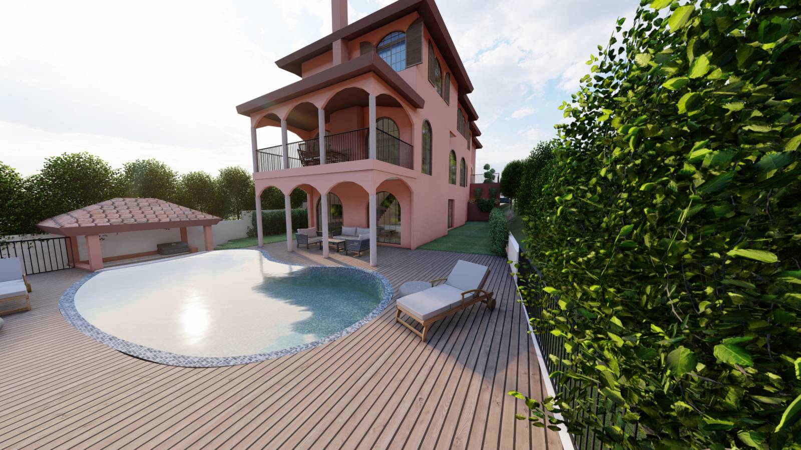 Moroccan Residence — pool deck and outdoor kitchen